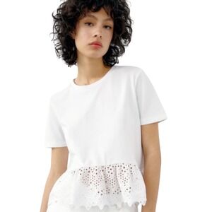 ZARA White Eyelet Lace Short Sleeve Cotton Tee Women's Size S